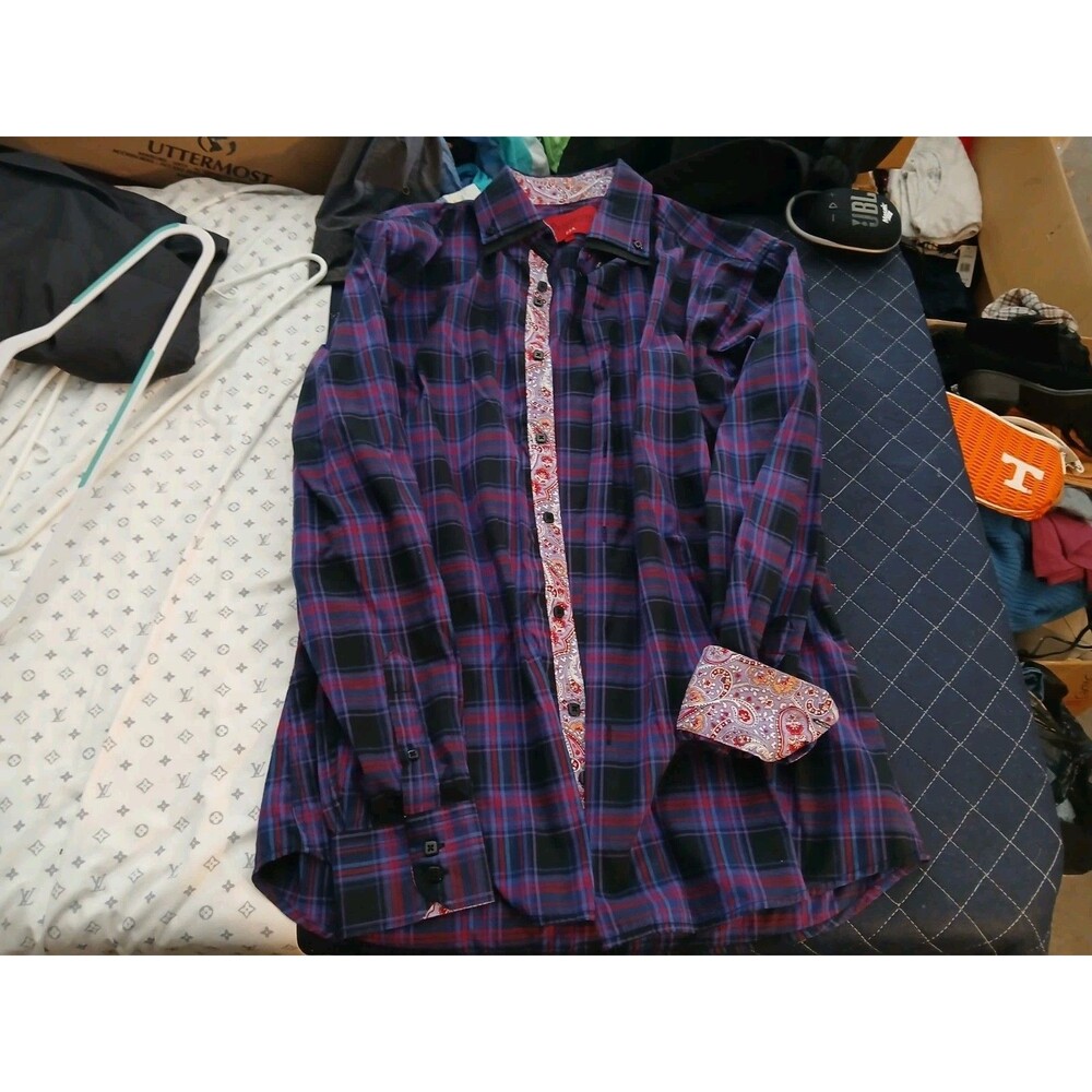 Patroncito Plaid cotton polyester shirt  long sleeve button up Purple Size L